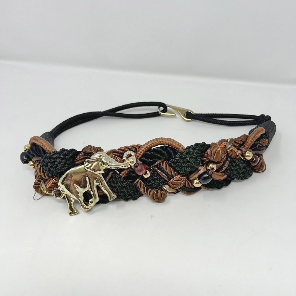 Vntg Boho Elephant Charm Belt Black Brown Braided Cord Gold Tone Hook Festival